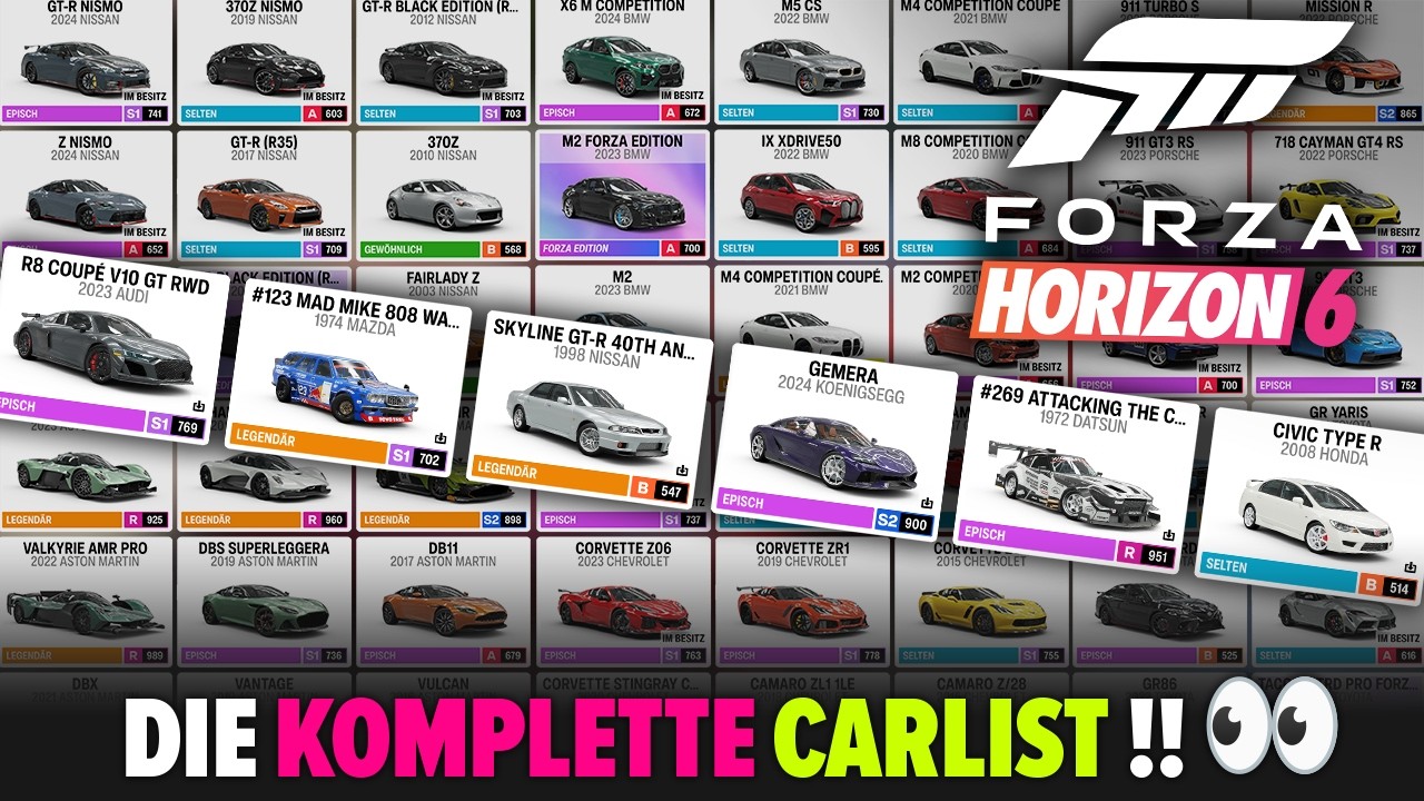 Die komplette CARLIST + DLC + erste Autopass Fahrzeuge zu Release - FORZA HORIZON 6