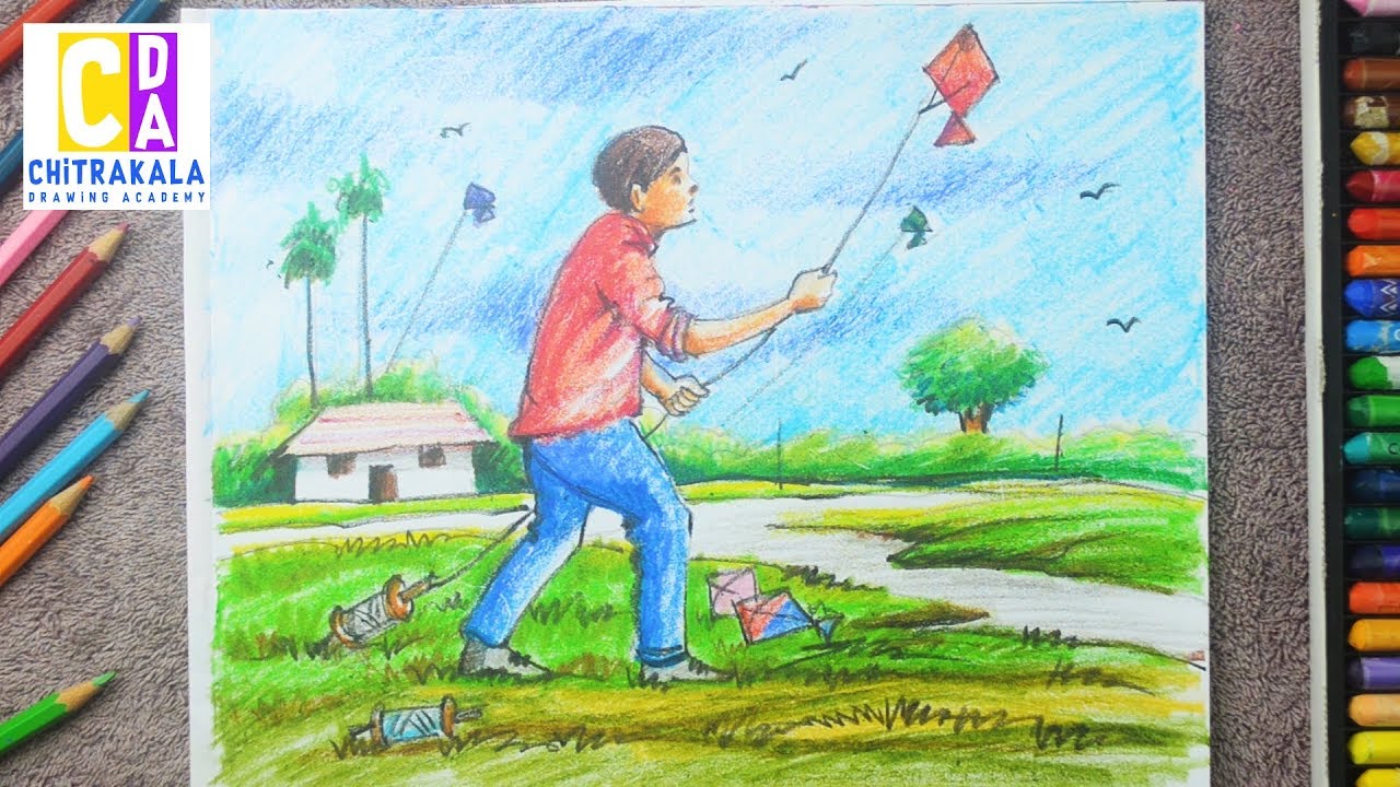 Happy Basant Panchami Kite flying festival drawing for kids - YouTube