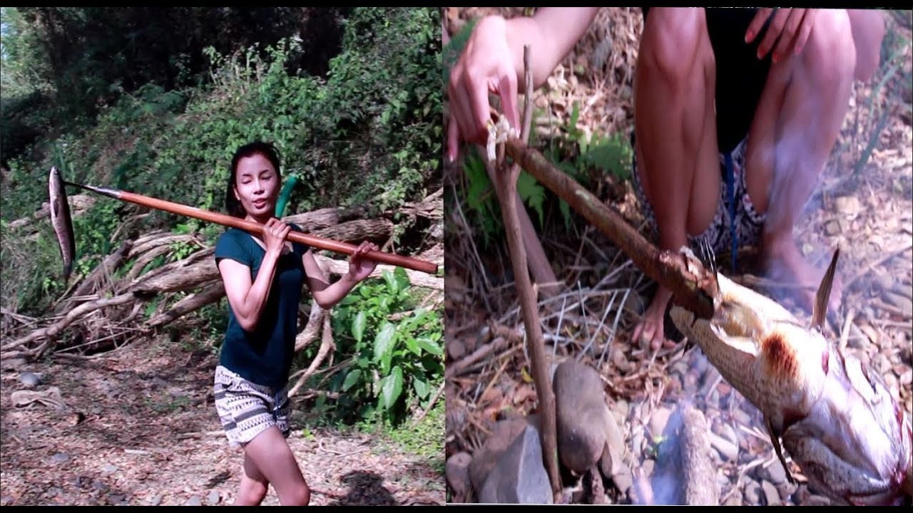 Primitive Technology - Wow! smart girl find big fish by spear - Cooking eating delicious