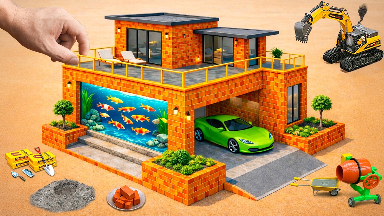 DIY Mini Construction: Rebuilding a Modern Villa with a Giant Aquarium After King Kong Destruction!