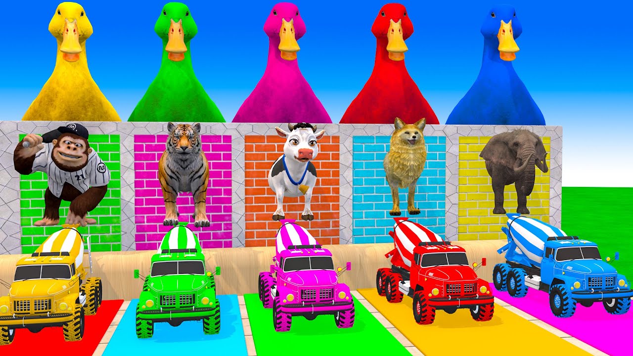 Long Slide Game With Gorilla Tiger Cow Wofl Buffalo Elephant - 3d Animal Game - Funny 3d Animals