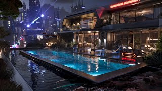 Luxury Home Of The Future With Beautiful Pool & Sci-Fi City Backdrop | Waterfall Sounds For Relaxing