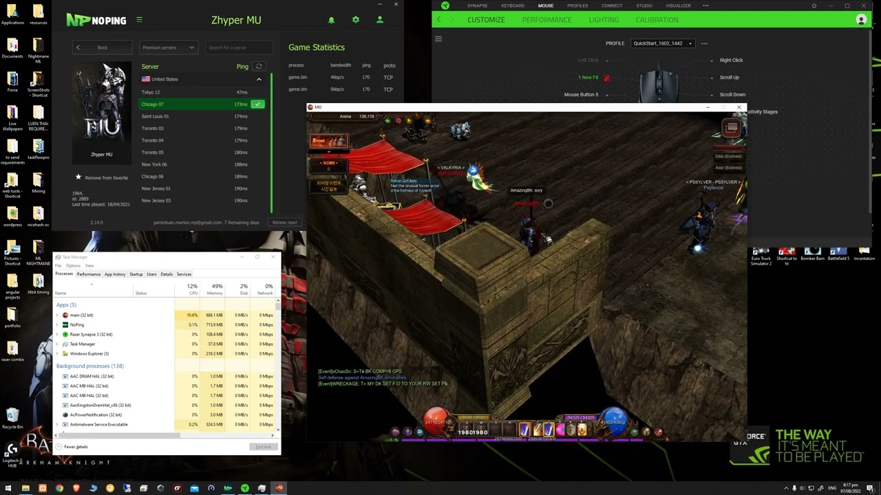 Nightmane game setup w/ noping tunnel and Razer synapse 3