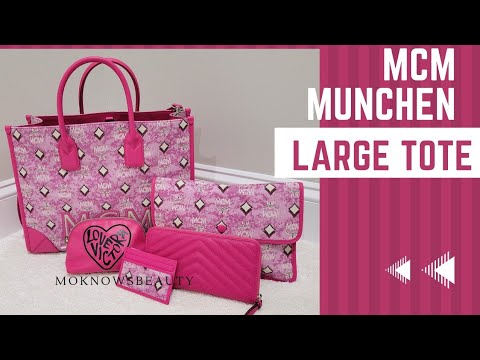 MCM Munchen Vintage Monogram Fabric Tote Large Leather (Denim