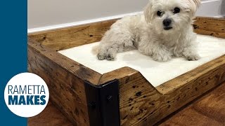 I used a 2x6 and some plywood, and made a rustic and distressed wooden dog bed for Lucky. I used some angle iron and some 