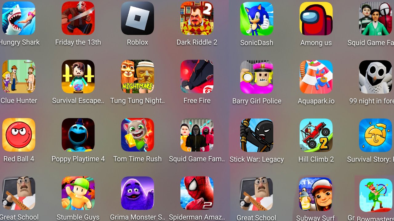Grimace Monster Scary Survival,Barry's Police Girl,Dark Riddle 2,Poppy Playtime 4,Free Fire,Roblox..