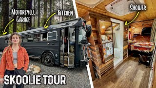 Her MEGA Adventure Rig Has a HUGE Workshop, Motorcycle Lift  BEAUTIFUL Tiny Home Conversion