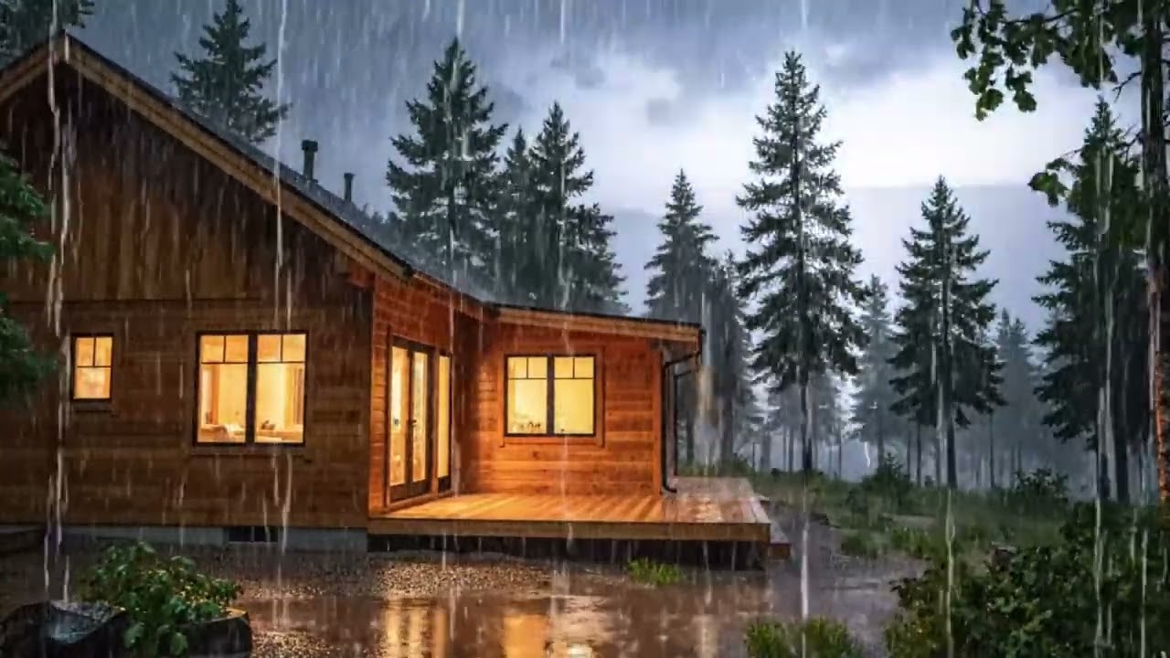 Heavy Rain Surrounding an Elegant Wooden House in the Forest — Luxury Sleep Ambience