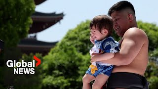 Cry babies: Sumo wrestlers compete to make infants bawl in annual Japanese festival