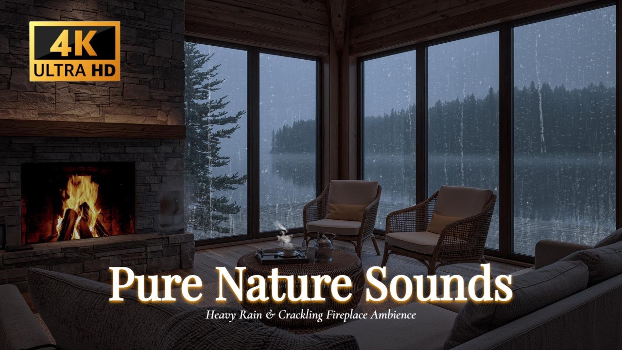 Thunderstorm and Fireplace Sounds for Sleeping ⛈️ Heavy Rain & Wind Storm in a Cozy Cabin (4K)