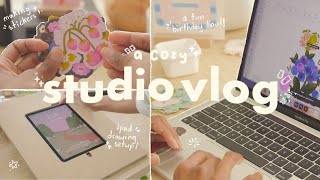 A Cozy Studio Vlog ☁ making stickers, ipad drawing setup, birthday haul
