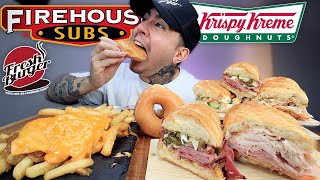 MUKBANG Eating Firehouse Subs, Fresh Burger Cali Fries, Krispy Kreme Donuts