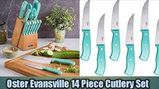 Oster Evansville 14 Piece Cutlery Set, Stainless Steel with Turquoise Handles