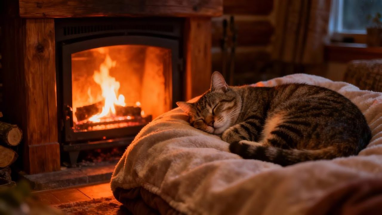 أجواء غرفة دافئة وقطة نائمة مع موسيقى بيانو مهدئة للاسترخاء