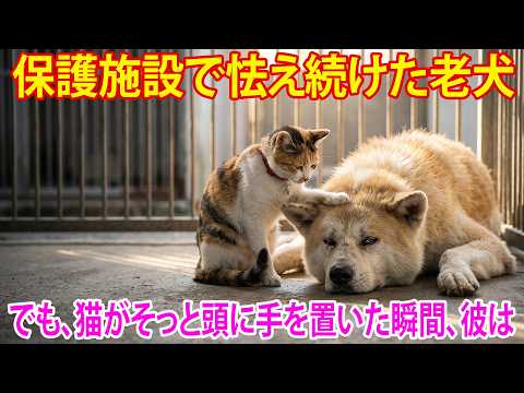 保護施設で怯え続けた老犬…でも、猫がそっと頭に手を置いた瞬間、彼は