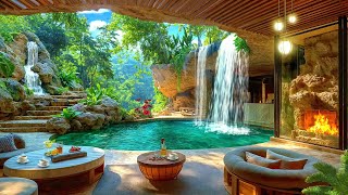 Tranquil Backyard Garden Space with Relaxing Pool by Waterfall: Smooth Jazz Music and Cozy Fireplace