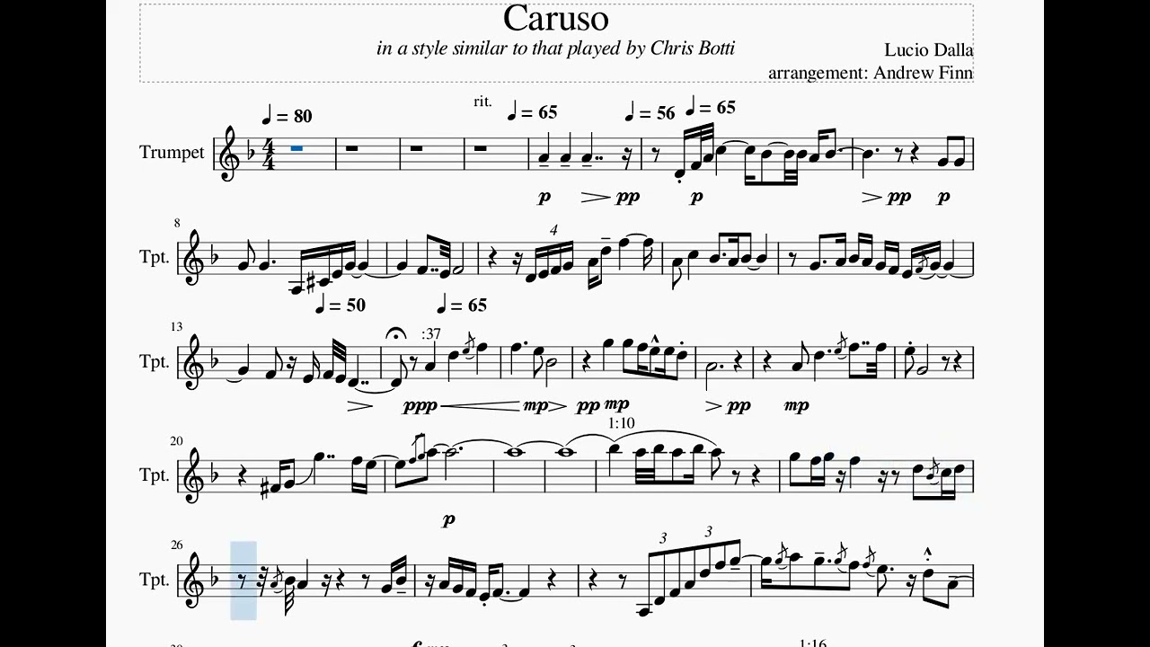 Caruso trumpet score with backing trackin the style of Chris Botti