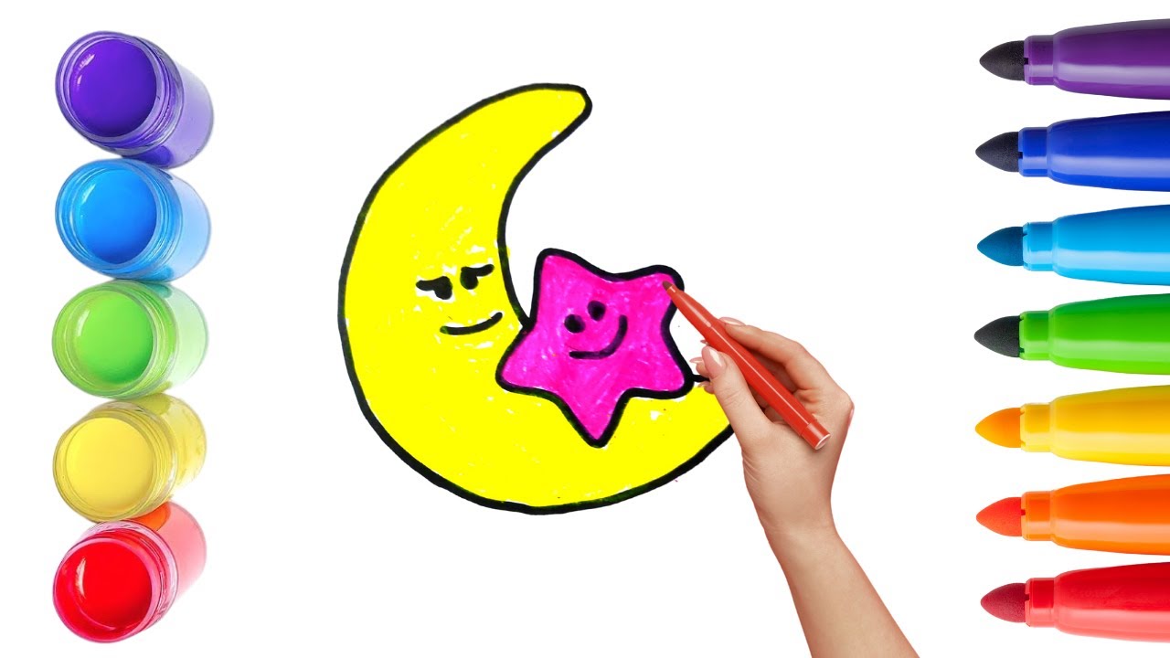 How To Draw cute star & Moon Drawing, Painting & Coloring For Kids and Toddlers_ Child Art 🐋🌈🎨