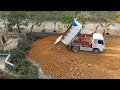 Wonderful Showing Stronger Komatsu Bulldozer Pushing Lump Land​ In Mud With Dump Truck Unloading