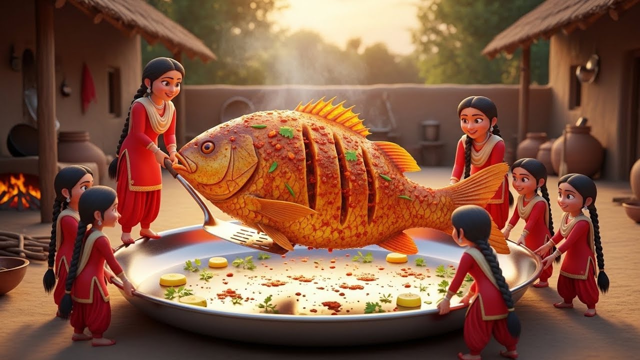 Tiny Girls Making Giant Fish Fry in Village Style | #TinyWorldCooking #3DToons