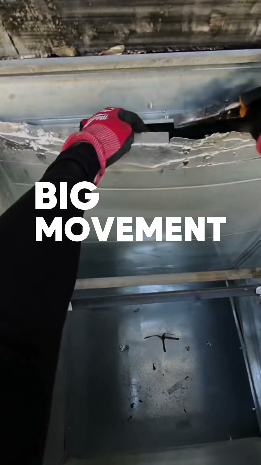 A crane lifts a rooftop HVAC unit against the sky, then POV gloved hands work on overhead sheet metal.