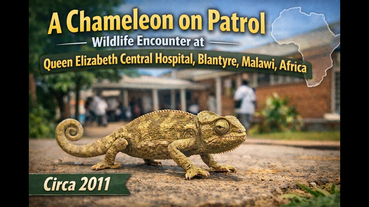 A Chameleon on Patrol: Wildlife Encounter at Queens Elizabeth Hospital, Blantyre, Malawi, Africa.
