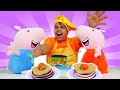 Vídeo infantil. Peppa Pig e George preparam bolo de chocolate com caramelo.