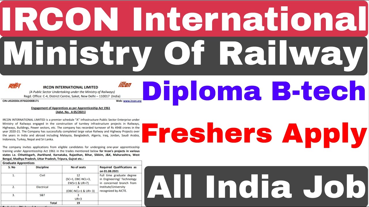 IRCON International Recruitment 2021 | Diploma B-tech | Ministry Of Defence | IRCON International