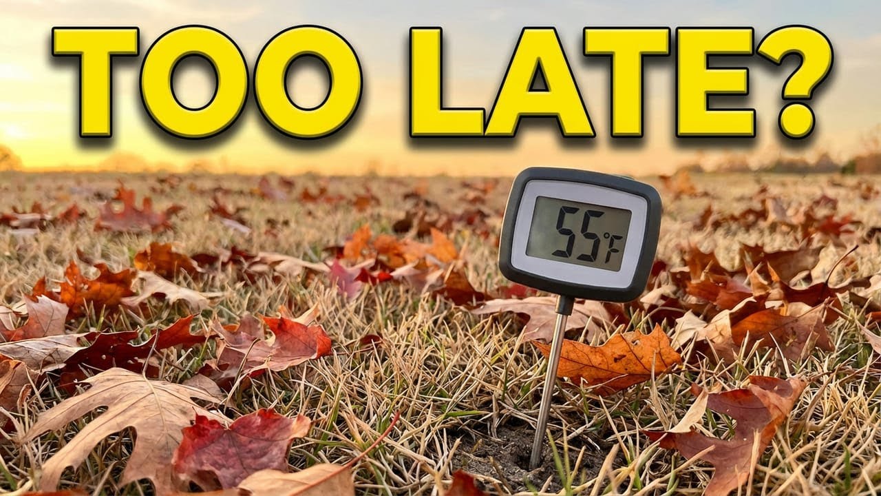 Fall leaves on the ground with a thermometer showing a low temperature. Bold yellow letters ask "Too Late?" 