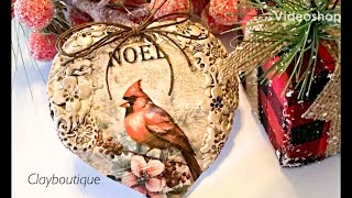 Polymer Clay Christmas Cardinal Heart Ornament