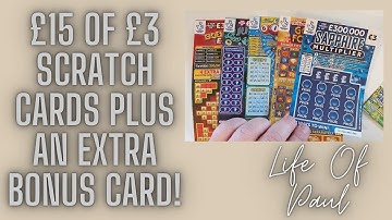 £15 of scratch cards. A mix of £3 scratch cards, 1 of each kind, with a bonus card to enjoy!