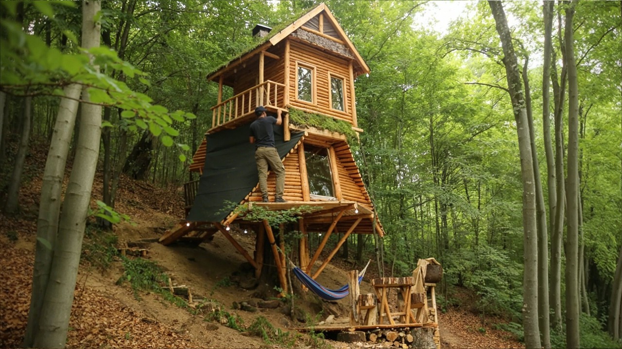 I Built a Magical Wooden House Deep in the Forest on a Giant Stump ...