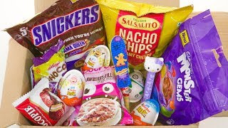 Box Of Candies Kinder Joy, snickers, snacks, chips, monster gems and other candies