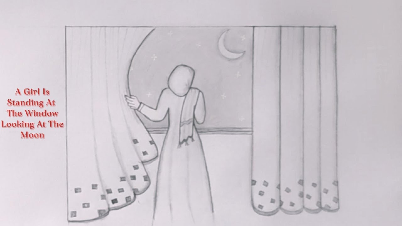 How to Draw a Girl Looking at the Moon from a Window | Beginner ...