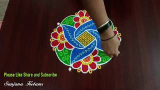 496. 5 Dots Easy color full and beautiful rangoli.. Friday Muggu