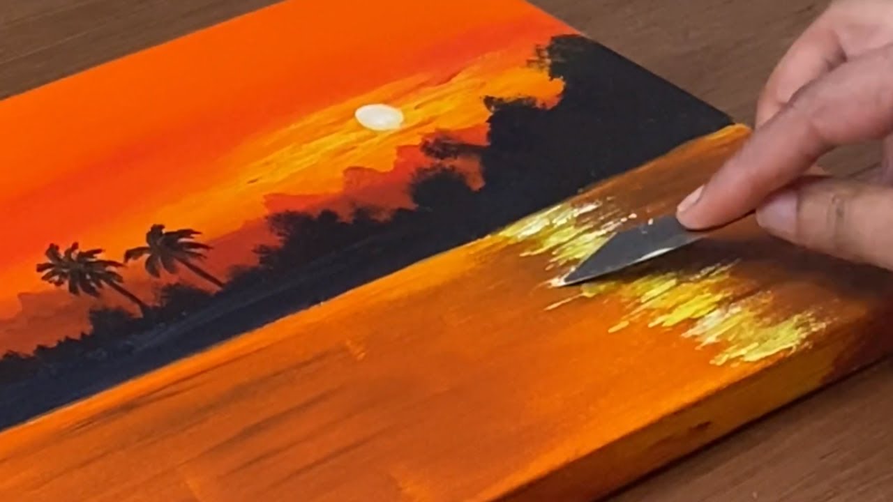Simple Orange tropical sunset painting - Step by step - YouTube