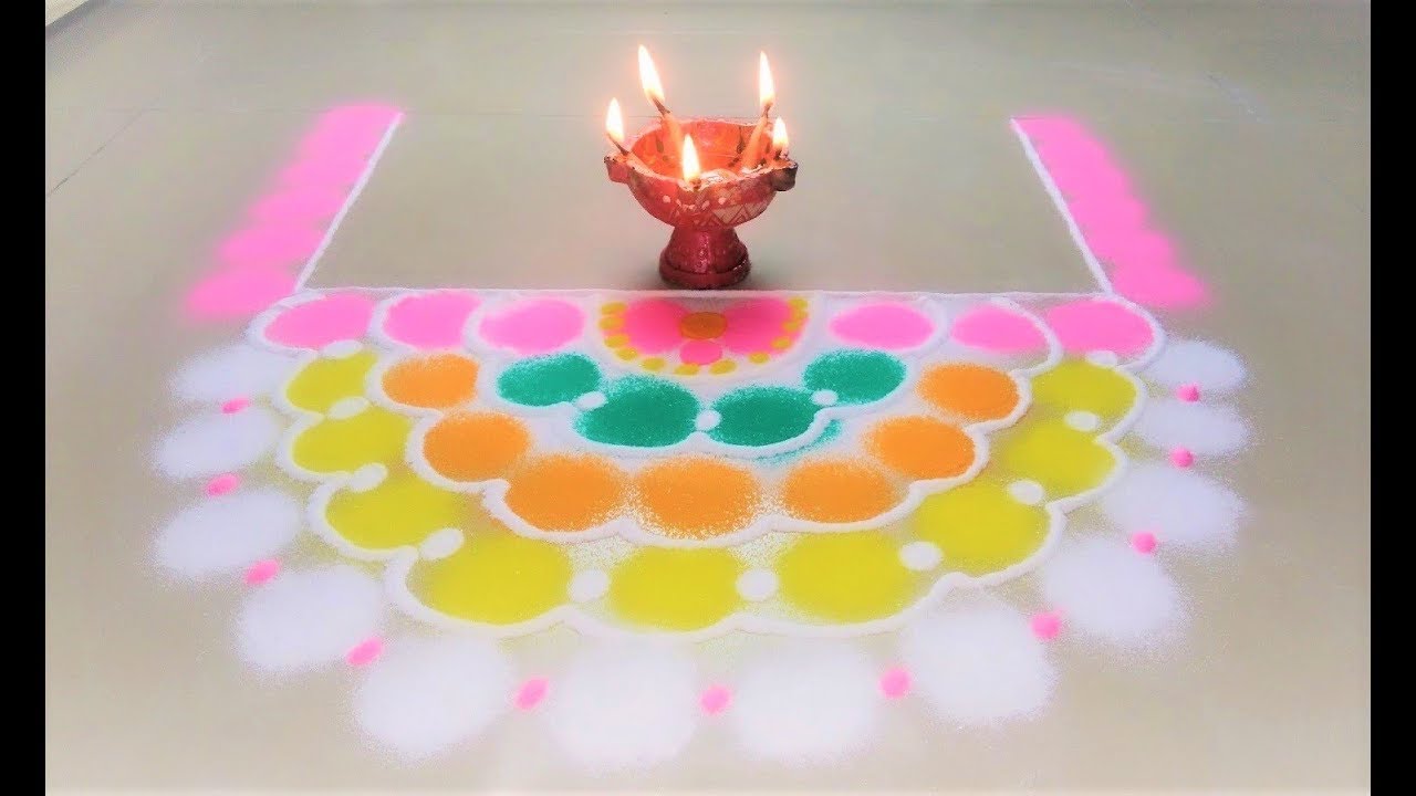 Simple Colourful Rangoli for puja asan using tools - YouTube