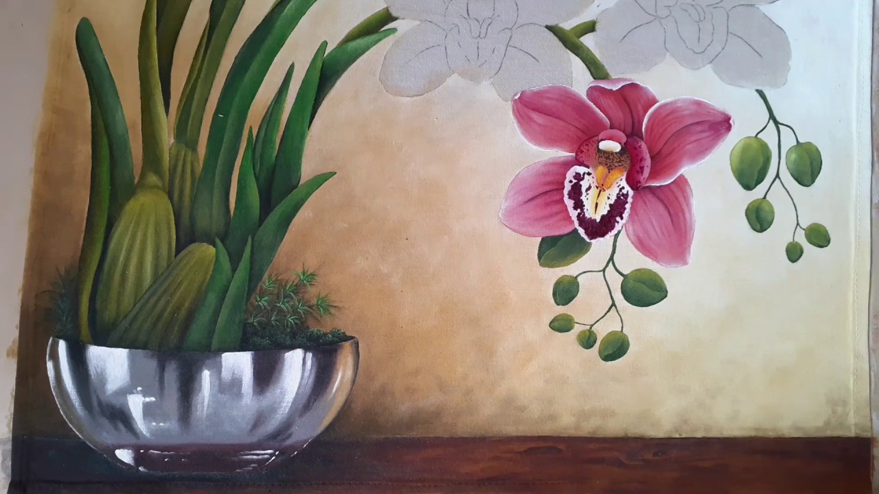 Pintura de folhas e orquídea em tecido