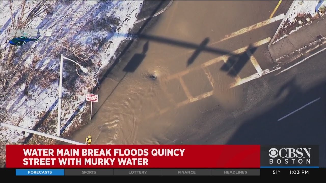 Water Main Break Floods Intersection In Quincy - YouTube