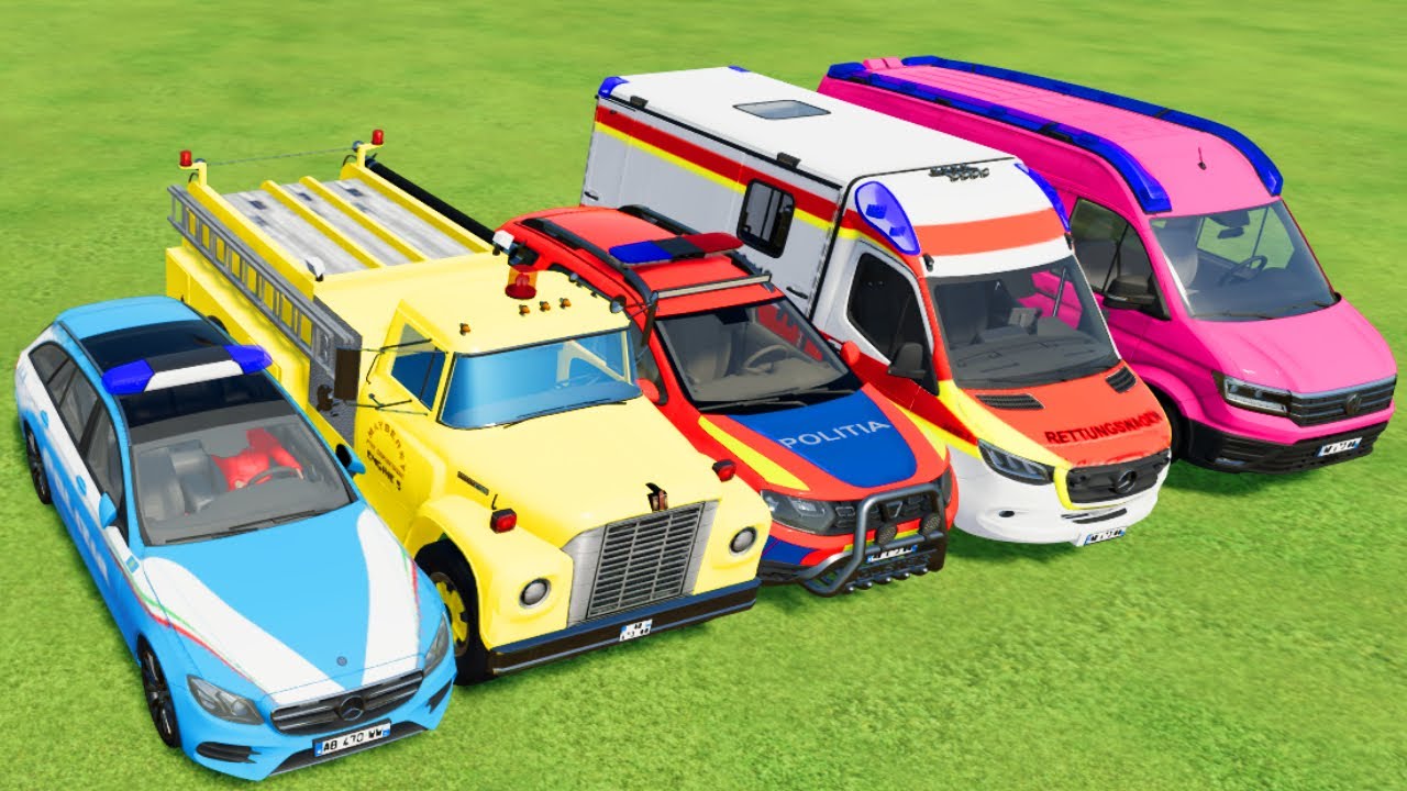 TRANSPORTING POLICE CARS, AMBULANCE, FIRE TRUCK, COLORFUL CARS WITH TRUCK -FARMING SIMULATOR 22!