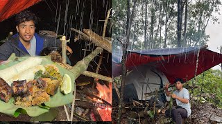 Peaceful Rainy Night Camping Alone in the Wild | Cooking Pork Meat 🥩