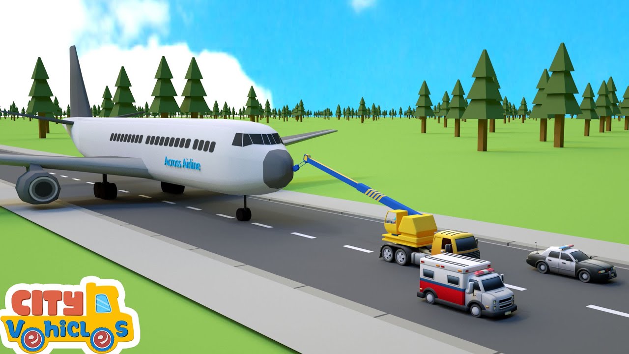 Construction Vehicles Help Repair Airplane — crane truck, ambulance