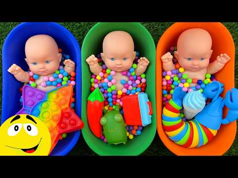 Cute Three Dolls Bath Playing Colorful Rainbow Beads & Bowls | 119 | Ghentalin