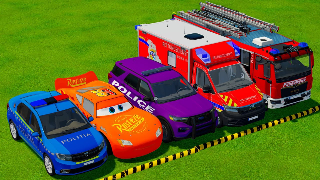VOLKSWAGEN, MCQUEEN سيارة ماكوين, DACIA POLICE CARS & MERCEDES FIRE TRUCK VEHICLES TRANSPORTING FS22