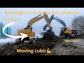 Ditch diggingwith caterpillar 335 ng excavator and volvo 220el