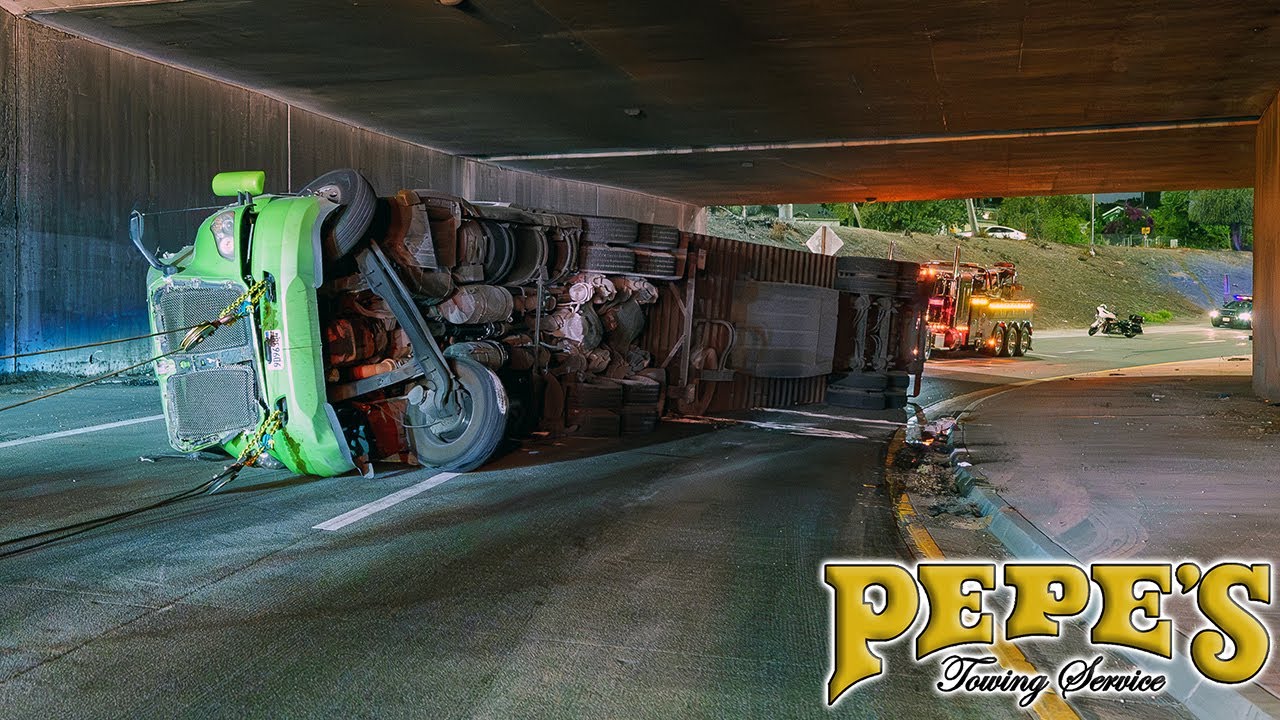 Insane Tractor-Trailer Rollover UNDER a Bridge!