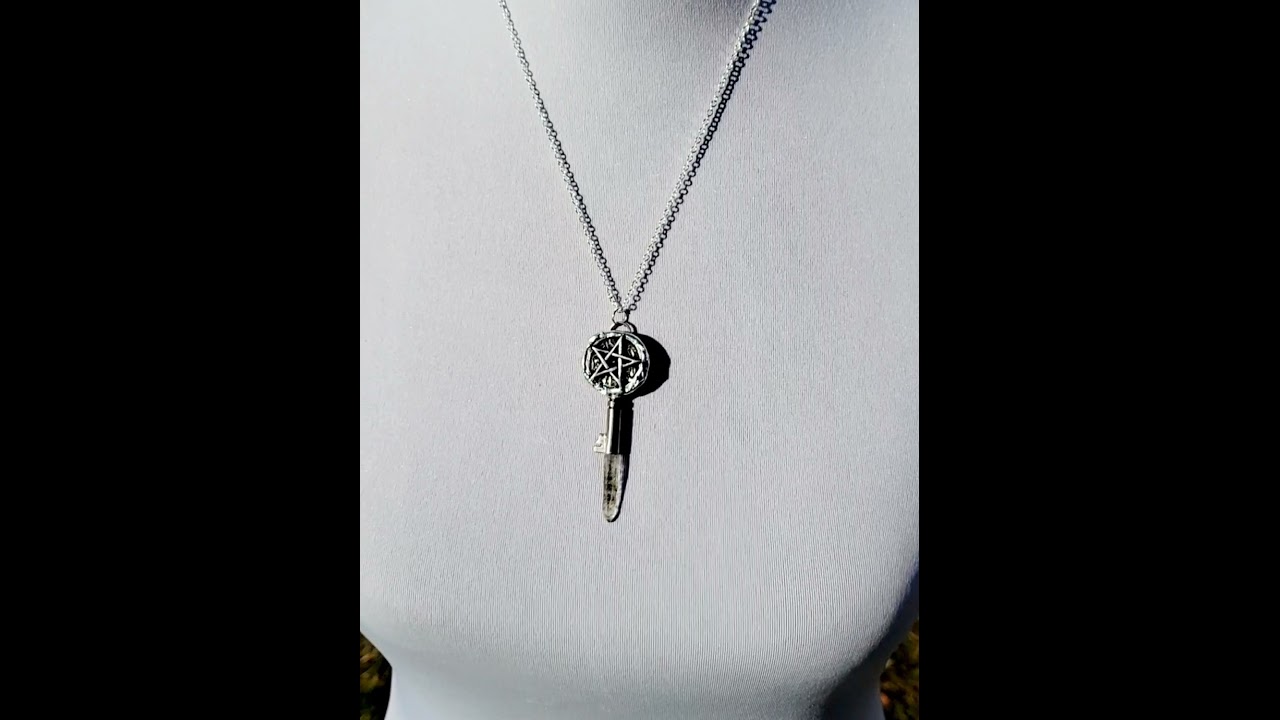 Rustic Pewter Pentagram Coin and Antique Key with Chlorite Quartz Point and Amethyst Handmade OOAK