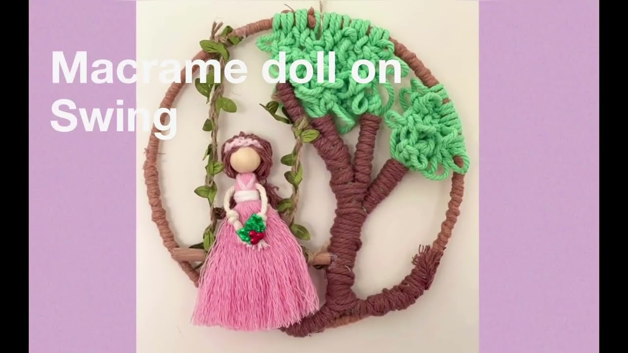 Macrame tree with cute angel Doll on Swing Girls Room Wall Hanging 