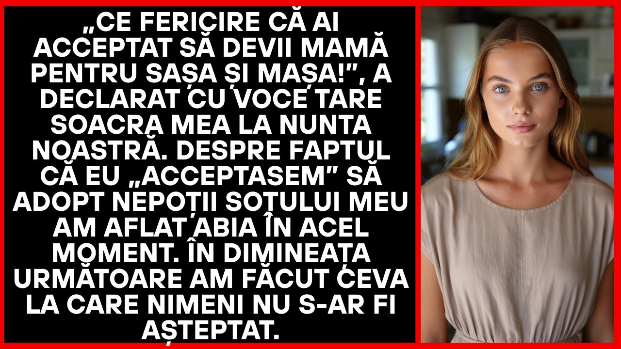 La cununie, mama soțului a spus că voi fi mamă pentru nepoți. Aflam acum.