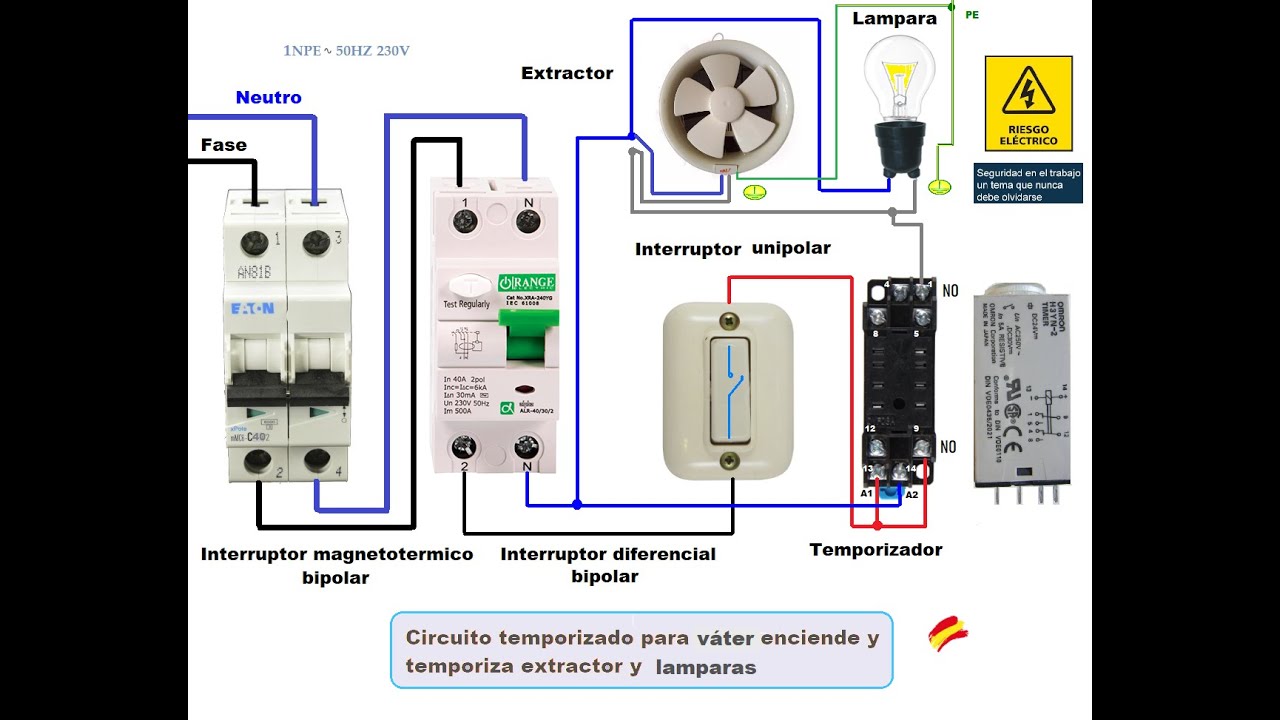 Conectar temporizador + pulsador + extractor de aire